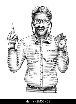 Dessin main médecin vintage style gravure noir et blanc clip art Illustration de Vecteur
