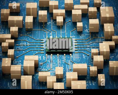Caisses de chargement autour de la carte mère avec un processeur au centre. Concept d'expédition et de distribution de fret. 3D illustration. Banque D'Images
