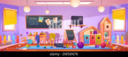Salle désordonnée dans la maternelle avec des dessins sur les meubles, l'image de fond et les déchets. Intérieur de dessin animé vectoriel de la salle de jeux pour enfants avec des murs sales, un bureau et une chaise, des ordures éparpillées, des jouets et des balles Illustration de Vecteur