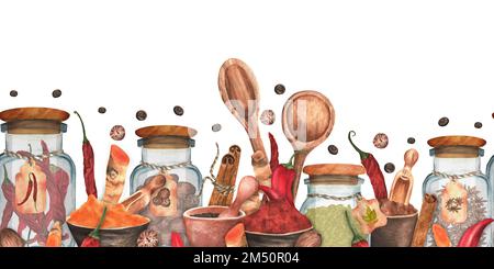 Bordure d'aquarelle dessinée à la main avec condiments et ustensiles de cuisine : paprika, Chili, curcuma, cardamome, muscade et anis. Banque D'Images