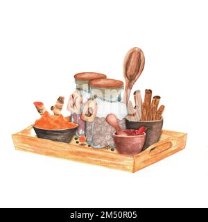 Composition de cuisine aquarelle dessinée à la main avec condiments sur un plateau en bois Curcuma, paprika et allépice en pots de verre et céramique. Il s'agit d'une pièce o Banque D'Images