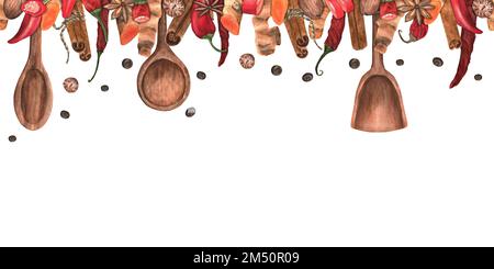 Aquarelle dessinée à la main avec condiments et ustensiles de cuisine : paprika, Chili, curcuma, cardamome, muscade et anis. Avec spatules en bois a Banque D'Images