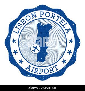 Timbre de l'aéroport de Lisbonne Portela. Logo rond de l'aéroport de Lisbonne avec emplacement sur la carte du Portugal marquée par un avion. Illustration vectorielle. Illustration de Vecteur