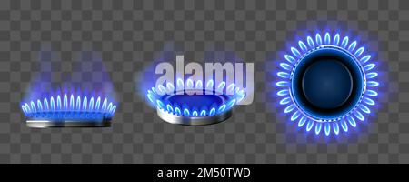 Brûleur à gaz avec flamme bleue. Feu de cheminée sur la cuisinière de la cuisine en haut et vue latérale. Maquette réaliste vectoriel de combustion de butane propane dans un four pour la cuisson isolée sur fond transparent Illustration de Vecteur