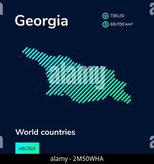 Vector créatif numérique fluo plat art abstrait carte simple de la Géorgie avec vert, menthe, turquoise texture rayée sur fond bleu foncé. Educati Illustration de Vecteur