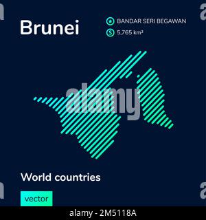 Vector créatif numérique fluo plat art abstrait carte simple de Brunei avec vert, menthe, turquoise texture rayée sur fond bleu foncé. Formation Illustration de Vecteur