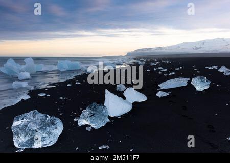 Diamond Beach, morceaux de glace sur le sable noir, région de l'Ouest, Islande Banque D'Images