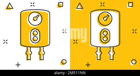 Icône de chaudière à gaz de style comique. Illustration du vecteur de dessin animé de l'élément chauffant sur un arrière-plan isolé. Concept commercial de signe d'effet bouillante. Illustration de Vecteur