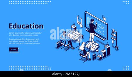 Page d'accueil isométrique éducation. L'enseignant conduit la leçon en classe avec les élèves assis au bureau. Leçon à l'école, à l'université ou à l'université avec l'écriture de tuteur sur tableau noir 3D vecteur ligne art bannière Web Illustration de Vecteur