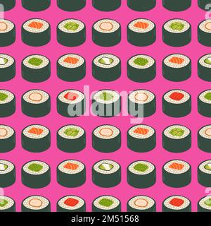 Rouleaux de sushi motif sans couture motif japon asiatique vecteur alimentaire isolé sur fond coloré Illustration de Vecteur