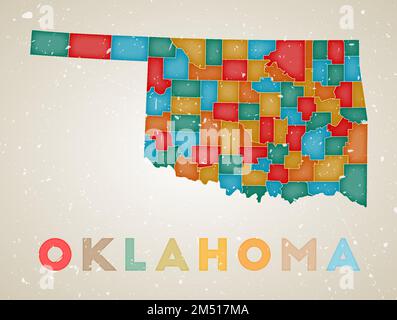 Carte de l'Oklahoma. Affiche d'état américaine avec des régions colorées. Ancienne texture de grunge. Illustration vectorielle de l'Oklahoma avec le nom de l'état. Illustration de Vecteur