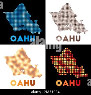 Carte d'Oahu. Collection de cartes d'Oahu en pointillés. Bordures de l'île remplies de rectangles pour votre conception. Illustration vectorielle. Illustration de Vecteur