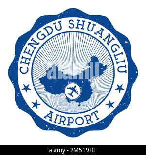 Timbre de l'aéroport Chengdu Shuangliu. Logo rond de l'aéroport de Chengdu avec emplacement sur la carte de Chine marquée par un avion. Illustration vectorielle. Illustration de Vecteur