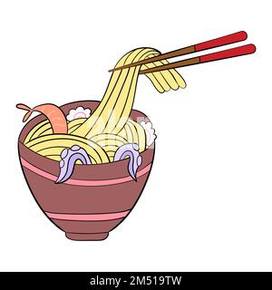 Nouilles ramen aux crevettes et poulpes, avec baguettes. Illustration vectorielle. Illustration de Vecteur