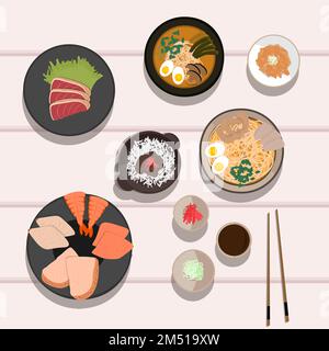 Plats de cuisine nationale japonaise sashimi, steak de saumon, nouilles et miso, gyudon et natto avec assaisonnements. Illustration de Vecteur