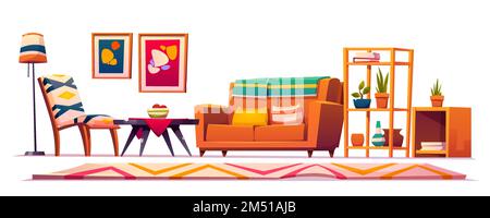 Boho, intérieur de salon bohème, mobilier en bois, canapé, étagère avec plantes, chiffon avec motifs géométriques, tableaux abstraits sur le mur, table basse, design de style hipster. Illustration vectorielle de dessin animé Illustration de Vecteur