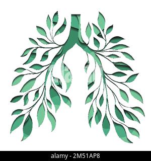 Logo vectoriel avec des poumons humains coupés en couches de papier sur les feuilles et les branches. Sauver la terre et l'environnement. 3d silhouette sculptée de l'homme en bonne santé Illustration de Vecteur