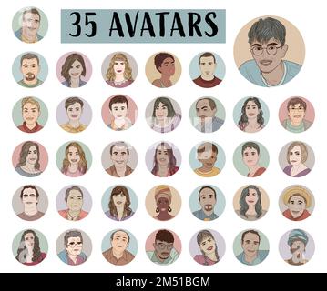 Avatars multiculturels, hommes et femmes. Jeu moderne dessin main dessin dessin dessin dessin de personnages de style doodle icônes d'avatar. Illustrations pour les utilisateurs de réseaux sociaux Illustration de Vecteur