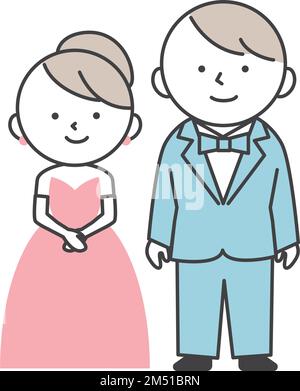 Mariée et marié au mariage. Marié en tuxedo et mariée en robe rose debout côte à côte. Illustration de Vecteur