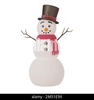 3D faites un bonhomme de neige souriant dans un chapeau avec des feuilles de houx et un foulard rouge. Décoration festive pour les cartes de Noël et du nouvel an, invitations, dépliants Banque D'Images