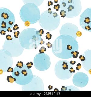 Motif à pois sans couture avec cercles bleu aquarelle et imprimé léopard. Illustration de Vecteur
