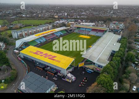 Vue aérienne de Twickenham Stoop, stade de l'équipe de rugby Harlequins, Londres, Royaume-Uni. Banque D'Images