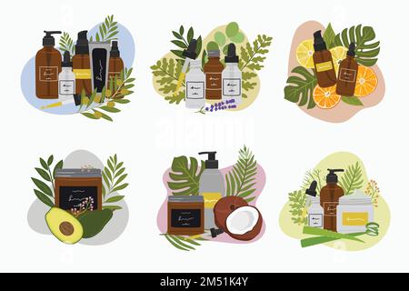 Grand ensemble de compositions avec des produits cosmétiques organiques en bouteilles, bocaux pour les soins de la peau avec forme abstraite et verdure. Nettoyant, tonifiant, sérum, huile, Illustration de Vecteur