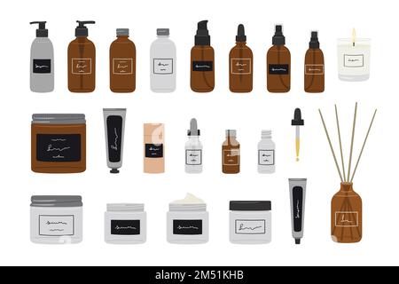 Ensemble de produits cosmétiques biologiques dans des bouteilles en verre, des bocaux, des tubes pour les soins de la peau. Ensemble d'emballages cosmétiques. Aucun déchet cosmétique. Nettoyant, tonifiant, sérum Illustration de Vecteur