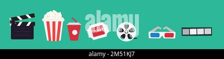 Illustration vectorielle des icônes du cinéma, notamment le clapperboard, le pop-corn, etc. Sur fond vert Illustration de Vecteur