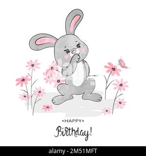 Carte d'anniversaire avec joli lapin et fleurs. Illustration vectorielle. Illustration de Vecteur