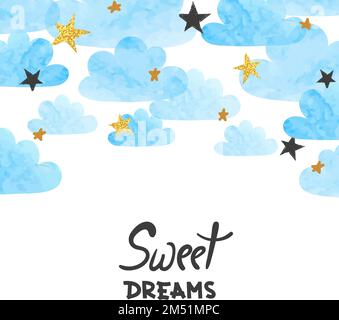 Nuages noirs d'aquarelle vectorisés en bleu et arrière-plan des étoiles. Affiche Sweet Dreams. Carte de douche de bébé. Illustration de Vecteur