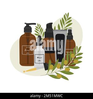 Composition avec produits cosmétiques biologiques en bouteilles, bocaux pour soins de la peau de forme abstraite et de verdure, branche d'olive. Nettoyant, sérum, huile Illustration de Vecteur