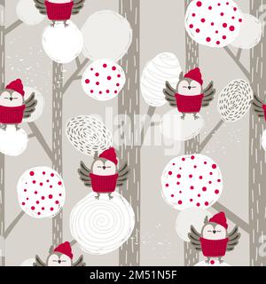 Motif de Noël abstrait sans couture avec chouettes et arbres. Fond de forêt d'hiver vectoriel. Illustration de Vecteur