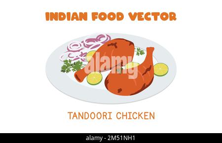 Indian Tandoori Chicken - illustration vectorielle plate du célèbre plat de poulet rôti indien. Bande dessinée Tandoori Chicken Clipart. Cuisine asiatique. Cuisine indienne Illustration de Vecteur