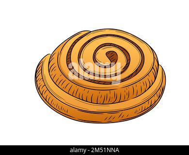 Rouleau frais et savoureux avec illustration vectorielle de style dessin à la main à la cannelle isolée sur fond blanc Illustration de Vecteur