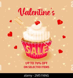 Réductions sur une sélection d'articles pour la Saint-Valentin. Contexte de la publicité de vente avec Sweet cupcake et texte de remise. Concept de promotion des achats Illustration de Vecteur