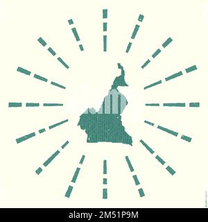 Logo Cameroun. Affiche grunge Sunburst avec carte du pays. Forme du Cameroun rempli de chiffres hexagonaux avec des rayons de soleil autour. Illustration de Vecteur