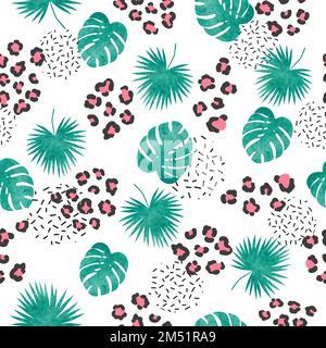 Motif tropical sans couture avec imprimé léopard et feuilles de palmier. Illustration de Vecteur