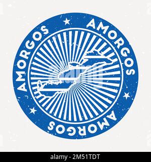 Timbre rond Amorgos. Logo de l'île avec drapeau. Badge vintage avec texte circulaire et étoiles, illustration vectorielle. Illustration de Vecteur