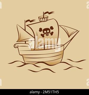 Bateau en bois Pirate Buccaneer voile à l'encan Bounty Corsair Journey Sea Dog Ship Game. Navire de mer. Thème mer et océan. L'élément plat pour Ban Illustration de Vecteur