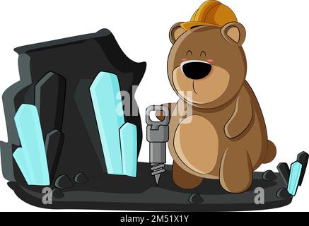 Un petit ours mignon est devenu un mineur et a décidé de faire mine de minerai rare Illustration de Vecteur