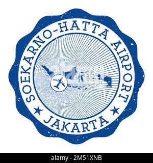 Timbre de Jakarta de l'aéroport de Soekarno-Hatta. Logo rond de l'aéroport de Jakarta avec emplacement sur la carte de l'Indonésie marquée par un avion. Illustration vectorielle. Illustration de Vecteur