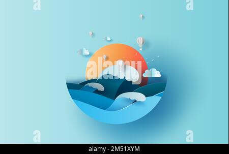 Ballon blanc air chaud de la mer vague vue paysage lumière du soleil. voyage en vacances saison été cercle concept. Motif graphique coupé en papier et style artisanal. S Illustration de Vecteur