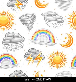 Symboles météorologiques vectoriels motif sans couture, répétition de l'arrière-plan avec illustration du soleil d'été, nuage gris neige d'hiver, lune avec étoiles sur fond blanc Illustration de Vecteur