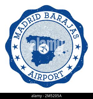 Timbre de l'aéroport de Madrid Barajas. Logo rond de l'aéroport de Madrid avec emplacement sur la carte de l'Espagne marquée par un avion. Illustration vectorielle. Illustration de Vecteur