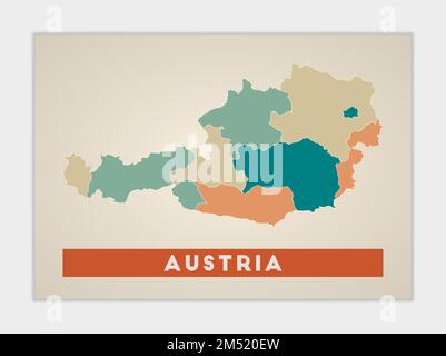Affiche Autriche. Carte du pays avec des régions colorées. Forme de l'Autriche avec nom de pays. Illustration vectorielle nette. Illustration de Vecteur