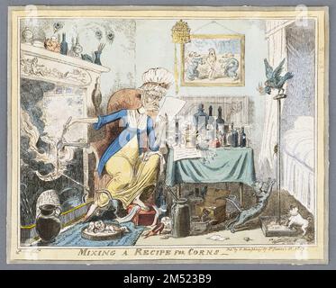 Au milieu du chaos de sa maison, une femme grotesque est obsédée par un remède pour ses cornes tandis que l'artiste George Cruikshank commente les pièges de l'automédication. Publié 1819 Banque D'Images