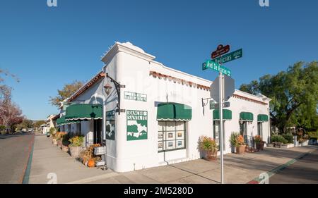 Vue sur la rue des bureaux et des bâtiments sur Paseo Delicias, une rue célèbre de Rancho Santa Fe. Banque D'Images
