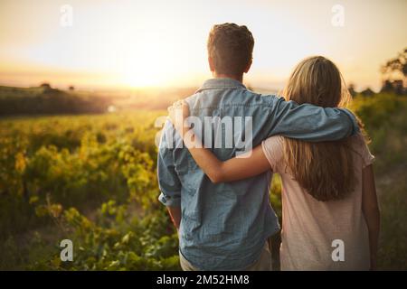 Tout notre travail acharné a finalement porté ses frais. un jeune couple marchant dans leurs récoltes tout en se tenant les uns les autres et regardant dans l'horizon. Banque D'Images