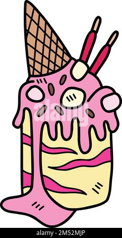 La crème glacée à la fraise dessinée à la main a fondu avec une illustration de cône isolée sur le fond Illustration de Vecteur